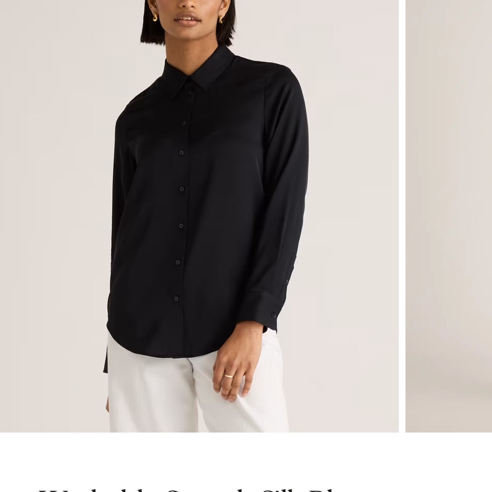 Quince Washable Silk Button-Up Shirt Black XS 100% Mulberry Silk Blouse Workwear